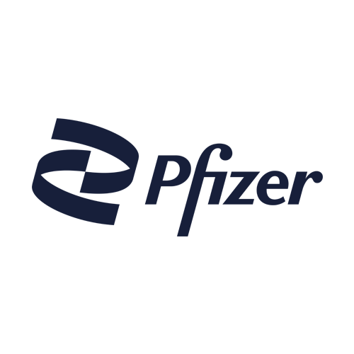 Pfizer logo featuring a stylized blue double helix design to the left of the word "Pfizer" in bold, modern font on a light background.