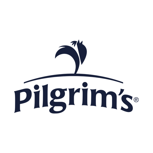 The Pilgrim’s logo features a stylized dark blue chicken above a curved line, with the word "Pilgrim’s" in bold, dark blue lettering beneath it, set against a light background.