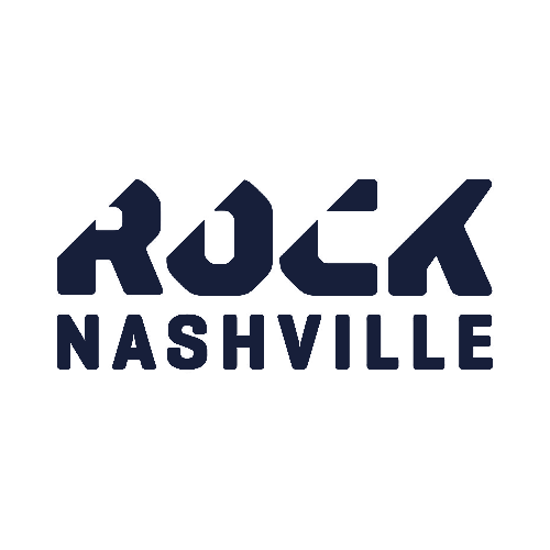 Logo with bold, stylized text reading "ROCK" above "NASHVILLE" in all capital letters, using a modern, angular font in dark blue on a light background.
