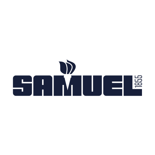 The image shows the word "SAMUEL" in bold, dark blue letters. Above the letter "U" is a stylized flame icon. The number "1855" is written vertically next to the letter "L" on the right side.