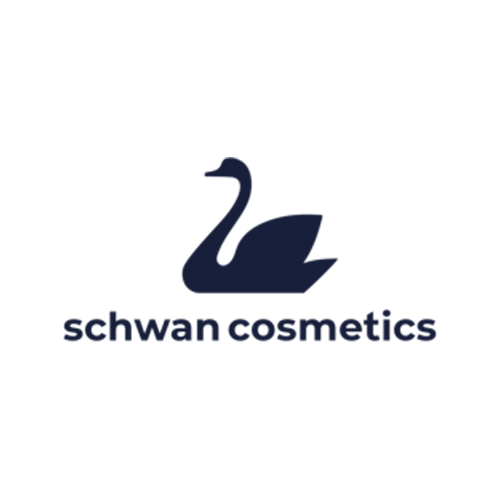 Logo for Schwan Cosmetics featuring a minimalist, dark blue swan illustration above the company name in lowercase, bold sans-serif font, all set against a light gray background.