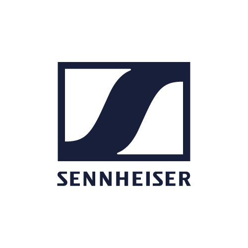 Sennheiser logo featuring a stylized "S" shape within a square frame above the word "SENNHEISER" in bold capital letters, all in dark blue on a light background.