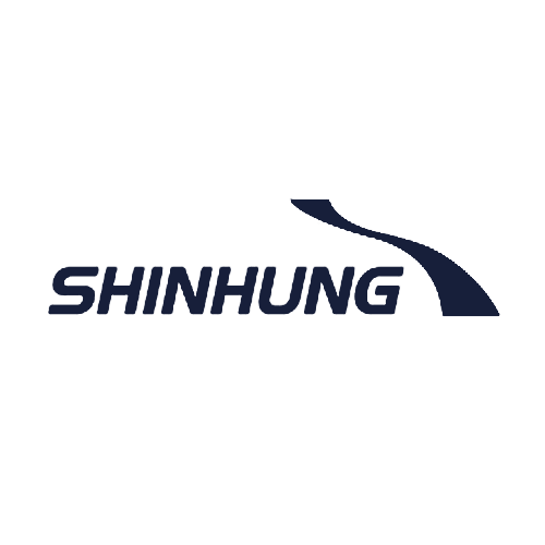 Logo featuring the word "SHINHUNG" in bold, dark blue letters, with a curved, abstract shape above and to the right of the text on a light gray background.