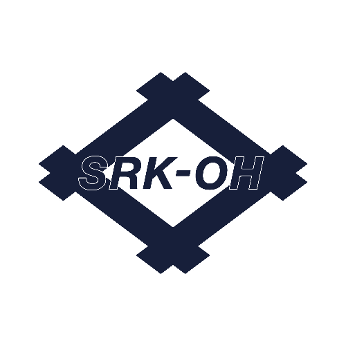 A bold, dark blue geometric diamond shape with notched corners encloses the text "SRK-OH" in capital letters, centered on a light gray background.