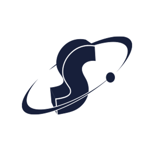 A stylized dark blue letter "S" with an orbit-like ring and small sphere encircling it on a light gray background.