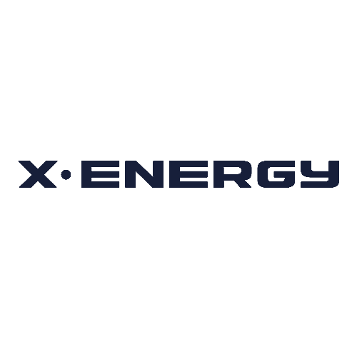 The image displays the logo for "X-Energy" with bold, dark blue capital letters and a small dot between "X" and "ENERGY" on a light gray background.