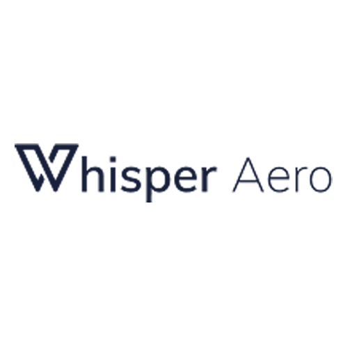 Logo with the words "Whisper Aero" in dark blue text on a white background. The "W" in "Whisper" is stylized with bold, angular lines.
