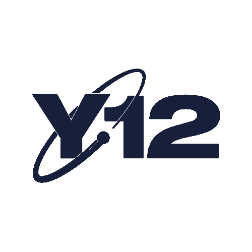Navy blue "Y-12" text with an orbit-like ring and dot passing through the "Y" and around the number "1" on a light gray background.