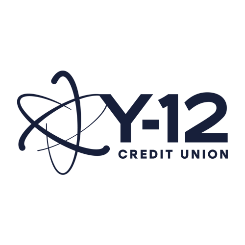 Logo for Y-12 Credit Union featuring a stylized atomic orbit graphic to the left of bold text reading "Y-12 CREDIT UNION" on a light gray background.