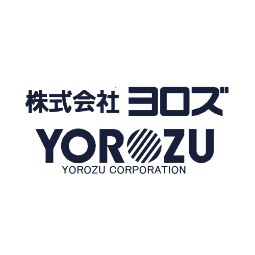 Logo featuring Japanese text above the words "YOROZU" with a stylized "O" containing diagonal lines, and "YOROZU CORPORATION" written below, all in dark blue on a light background.