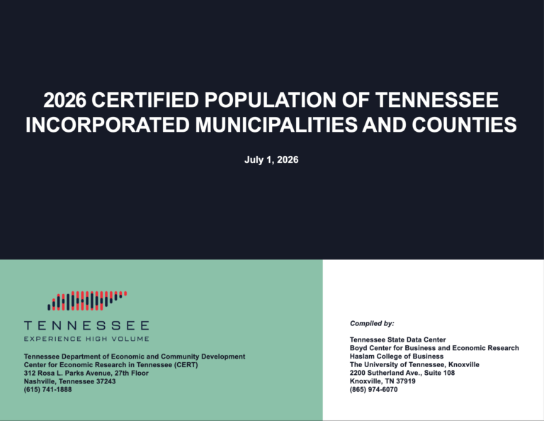 Title slide with white text reading "2026 Certified Population of Tennessee Incorporated Municipalities and Counties, July 1, 2026." Logos and contact info for Tennessee agencies appear at the bottom.