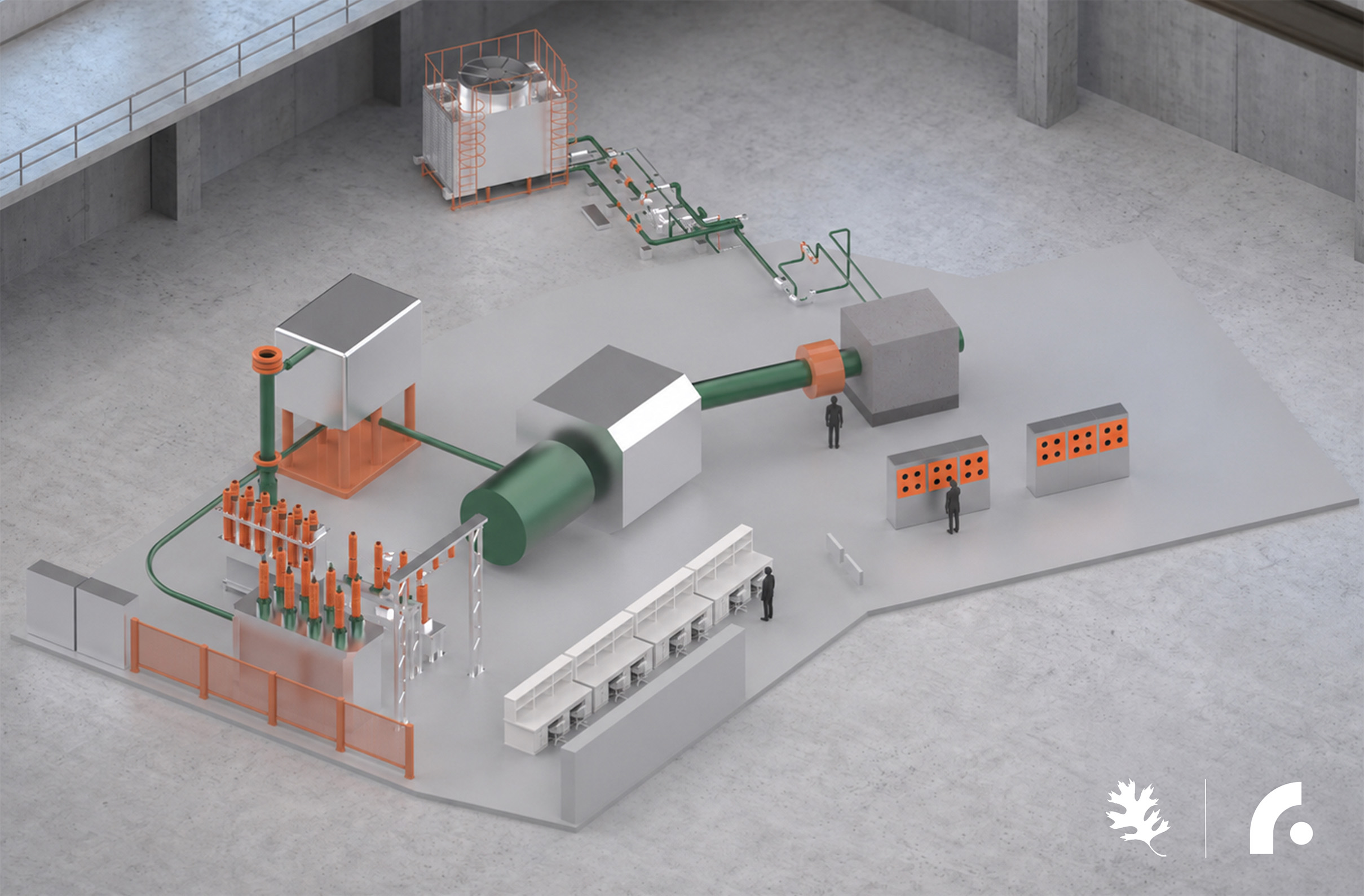 3D rendering of an industrial facility layout with green pipes, orange barriers, machinery, and two human figures, set in a large gray room. Logos appear at the bottom right corner.