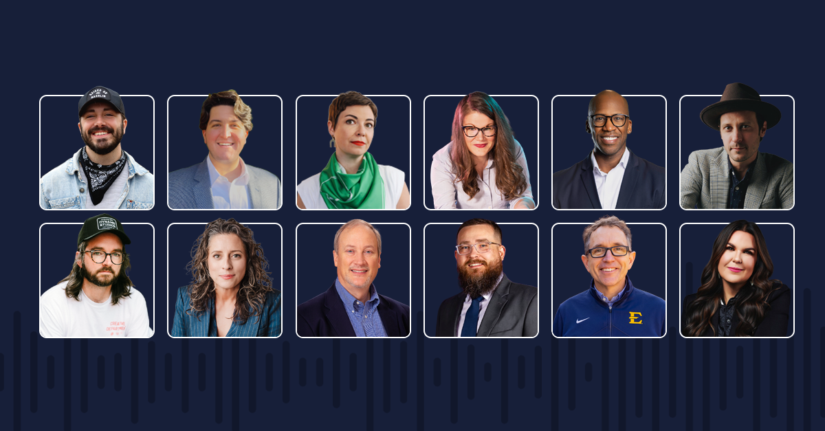 A grid of 14 diverse professionals, men and women, each in individual headshots against a dark blue background. All are smiling or have neutral expressions and wear business or casual attire.